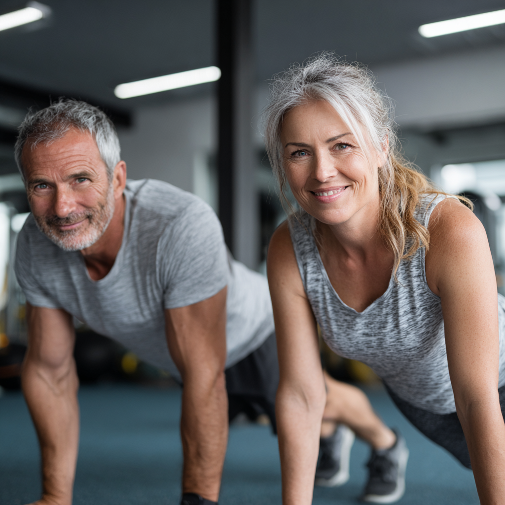 Active middle-aged man and woman exercising together in modern fitness studio