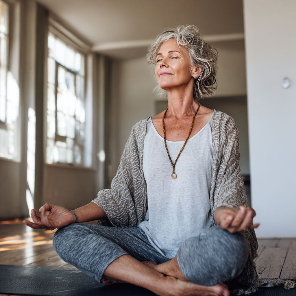 Mature woman in her fifties doing yoga poses in peaceful studio environment