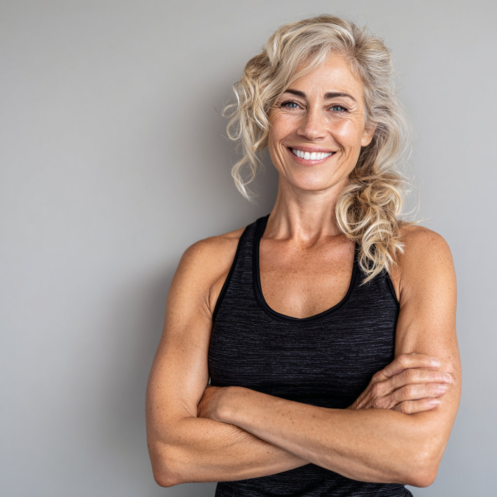 Smiling mature woman in her fifties after successful fitness transformation showing confidence and health